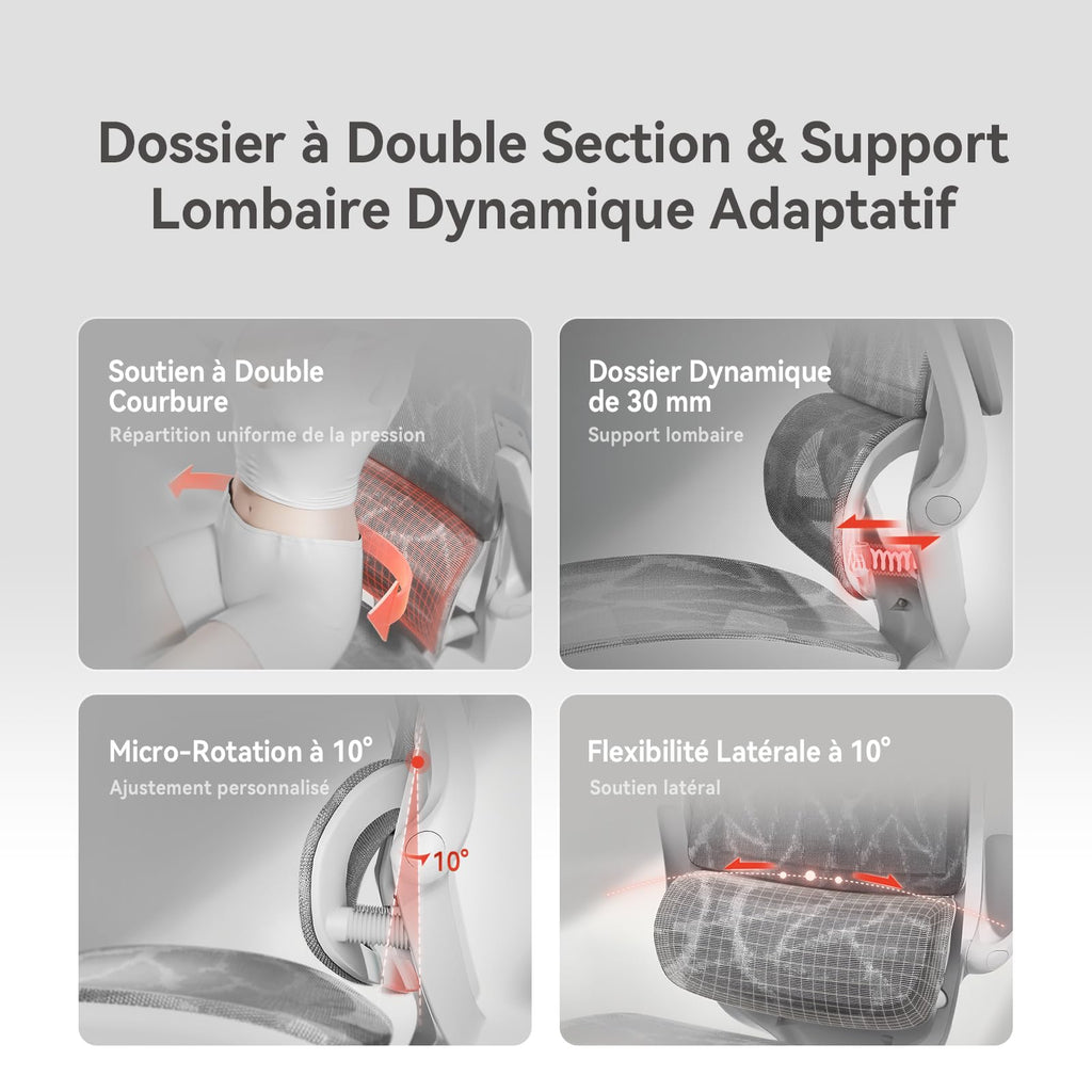 Chaise de bureau ergonomique M59AS à double dossier avec soutien lombaire adaptatif accoudoirs 3D et siège en maille