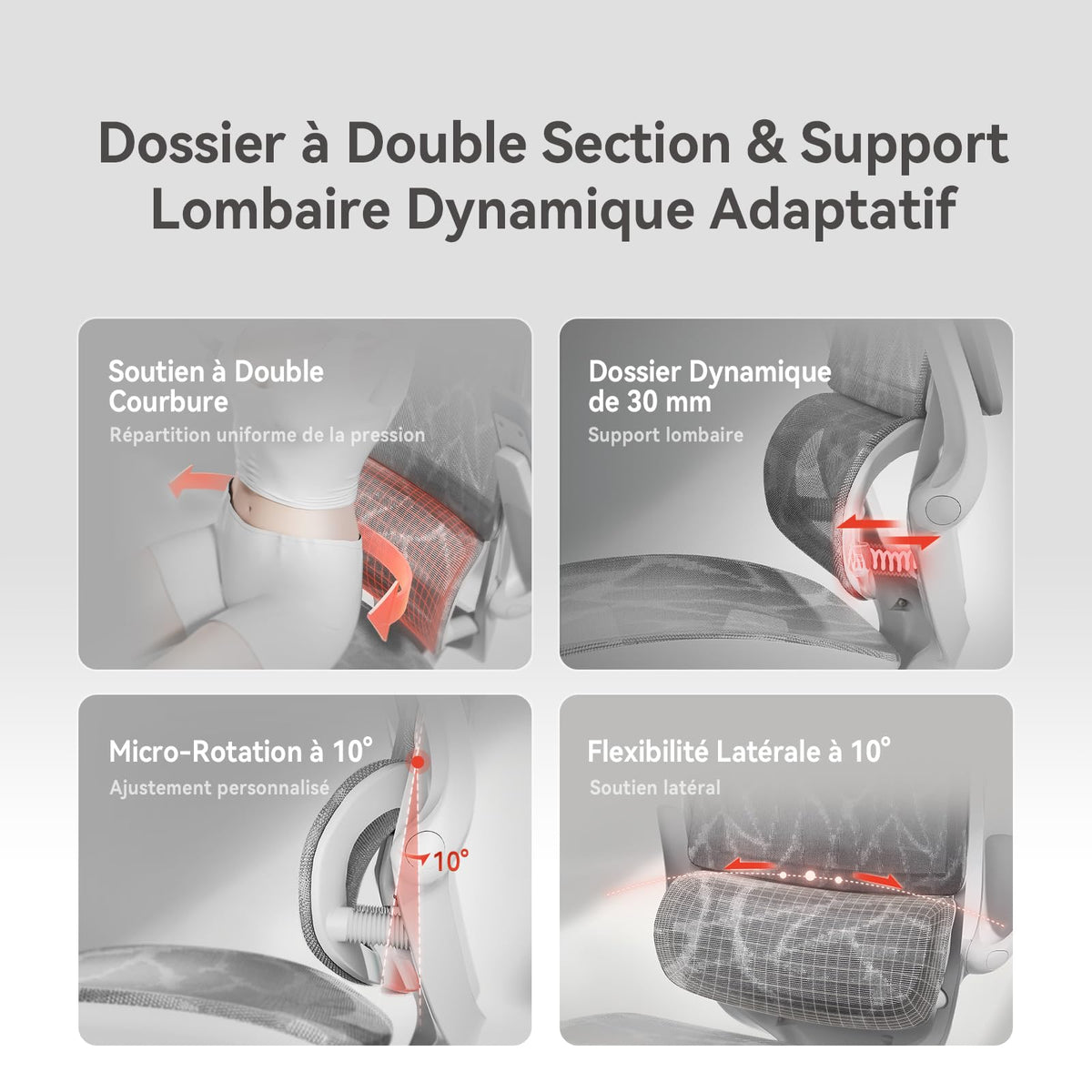 Chaise de bureau ergonomique M59AS à double dossier avec soutien lombaire adaptatif accoudoirs 3D et siège en maille