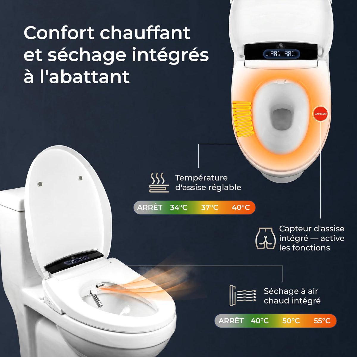Abattant WC Japonais Électrique Lavant Séchant Chauffant Eau Chaude Ovale Télécommande Kit d'Installation