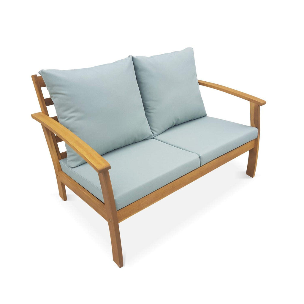 Salon de jardin 4 places en acacia canapé fauteuils table basse coussins vert de gris 123 x 82 x 74 cm