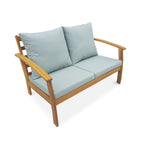 Salon de jardin 4 places en acacia canapé fauteuils table basse coussins vert de gris 123 x 82 x 74 cm
