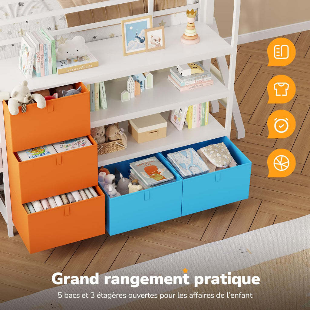 Lit mezzanine enfant 90x200 cm avec bureau intégré LLB-01 éclairage LED 5 rangements 3 étagères charge 100 kg