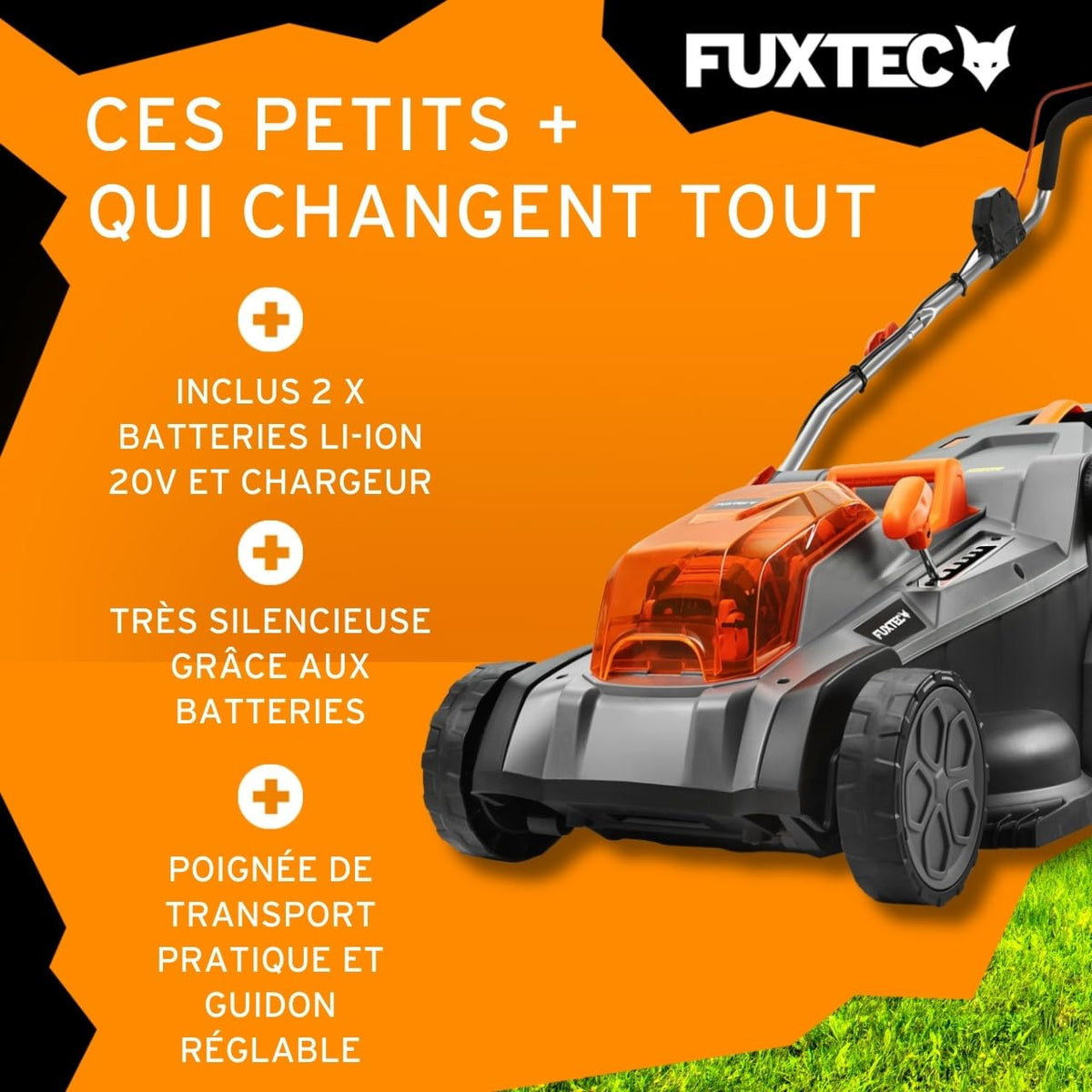 Tondeuse à gazon sans fil FX-E2RM43SET 40 V 43 cm bac de ramassage 40 L hauteur de coupe 25 à 75 mm 2 batteries 20 V