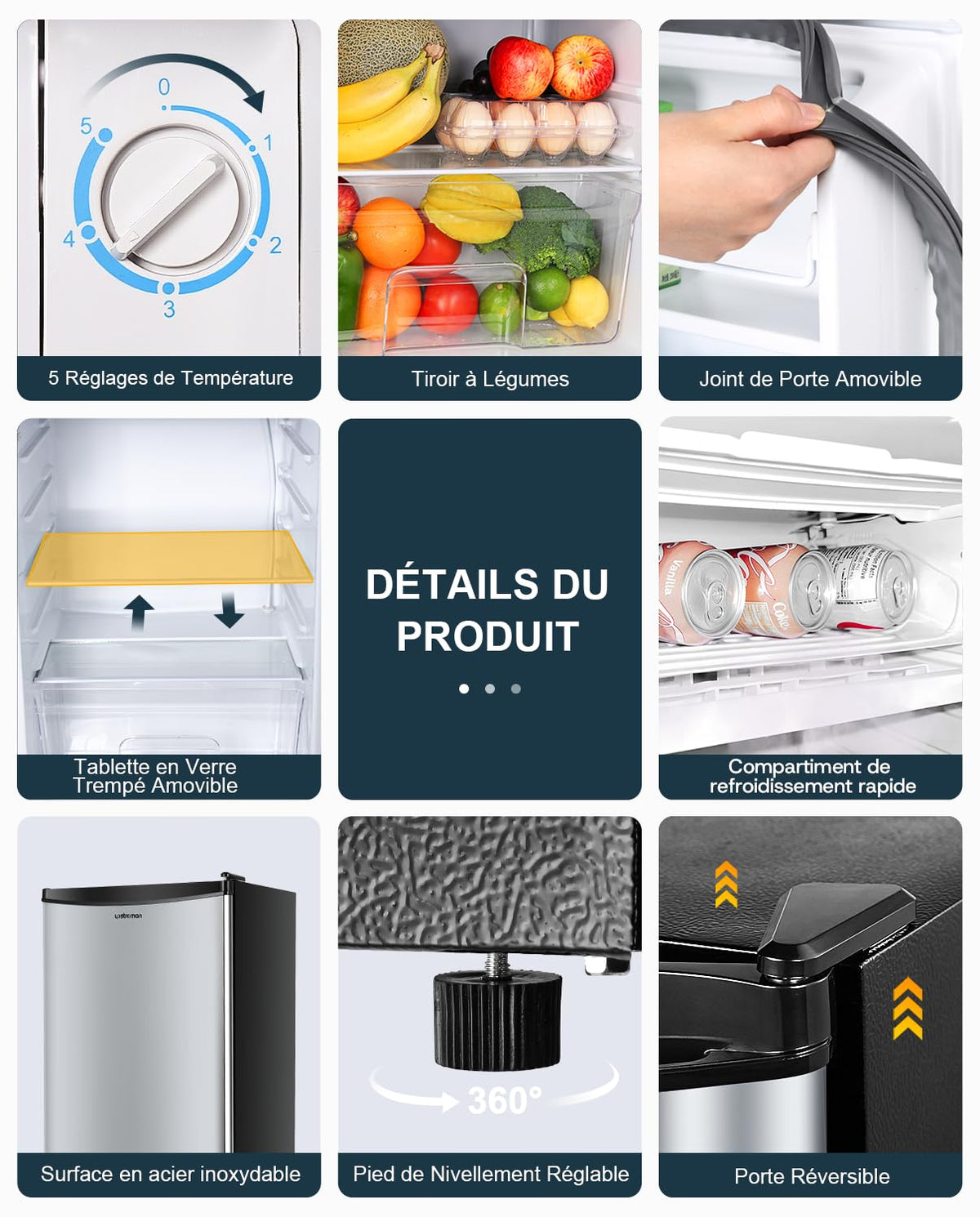 Mini réfrigérateur avec congélateur BR321 91 L 8,5 L congélateur 41 dB thermostat réglable 0 à 10 °C 2 clayettes bac à légumes