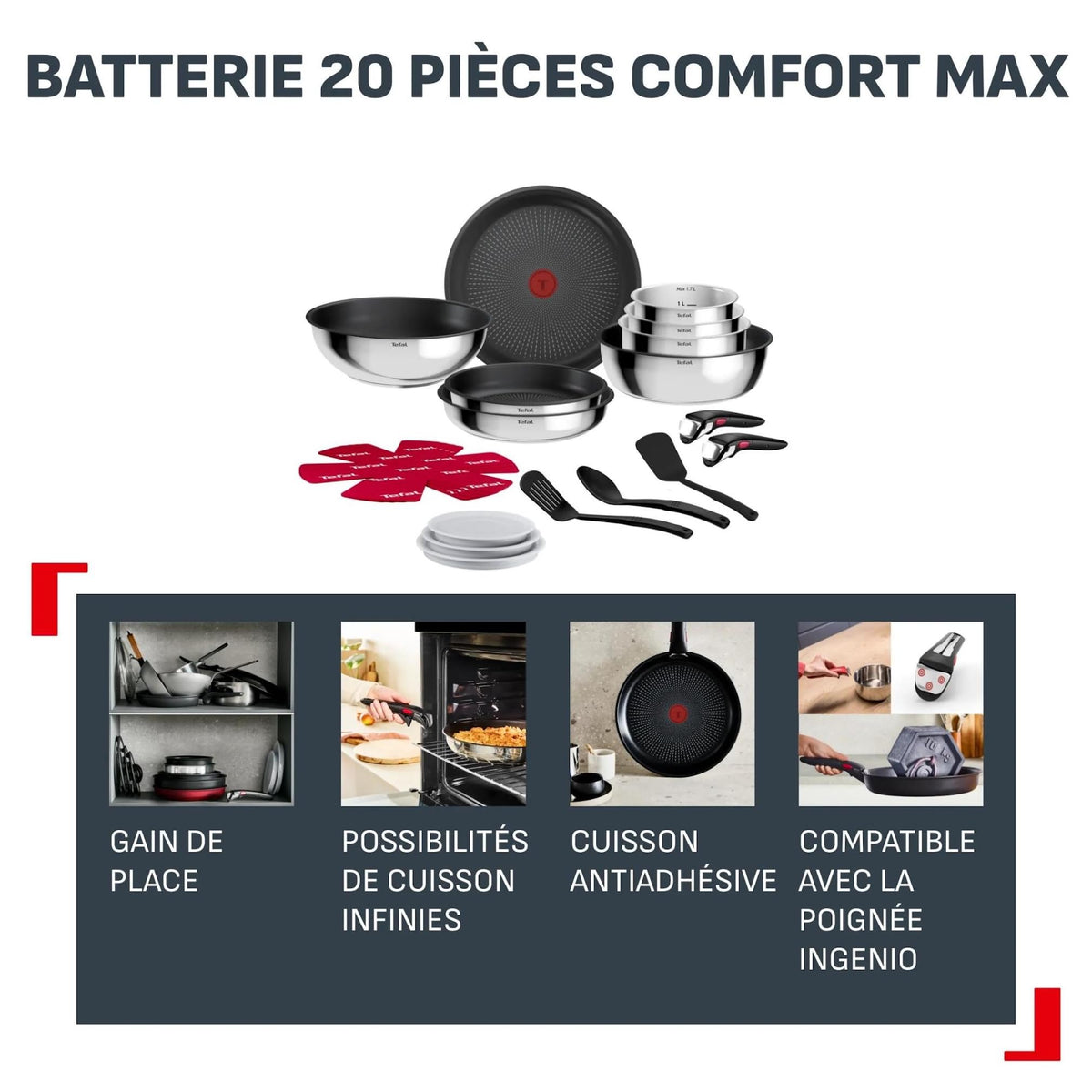 Batterie de cuisine Ingenio Comfort Max 20 pièces L966SK44 antiadhésive induction poignées amovibles poêles casseroles wok