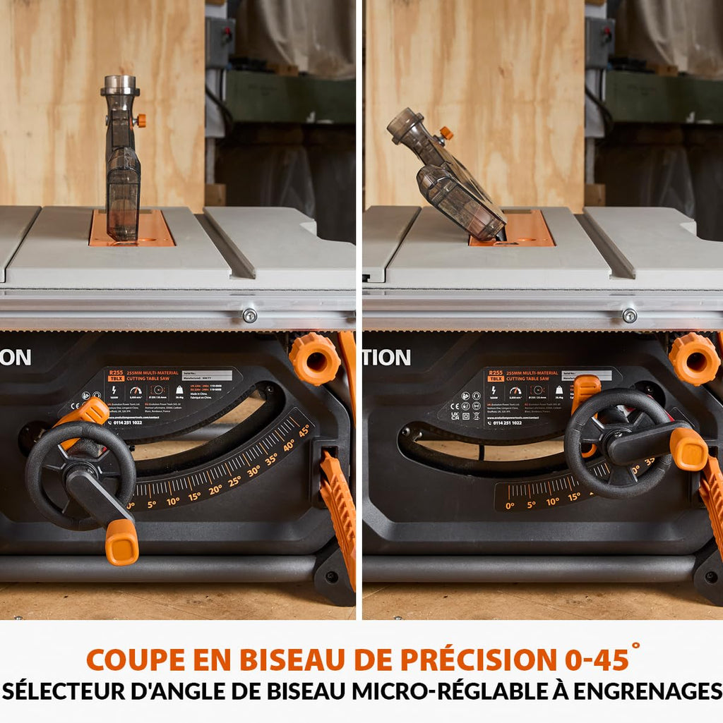 Scie de Table R255TBL+ 1800 W Lame TCT 256 mm Coupe Bois Métal Plastique Biseau 45° Profondeur 85 mm Frein Électrique
