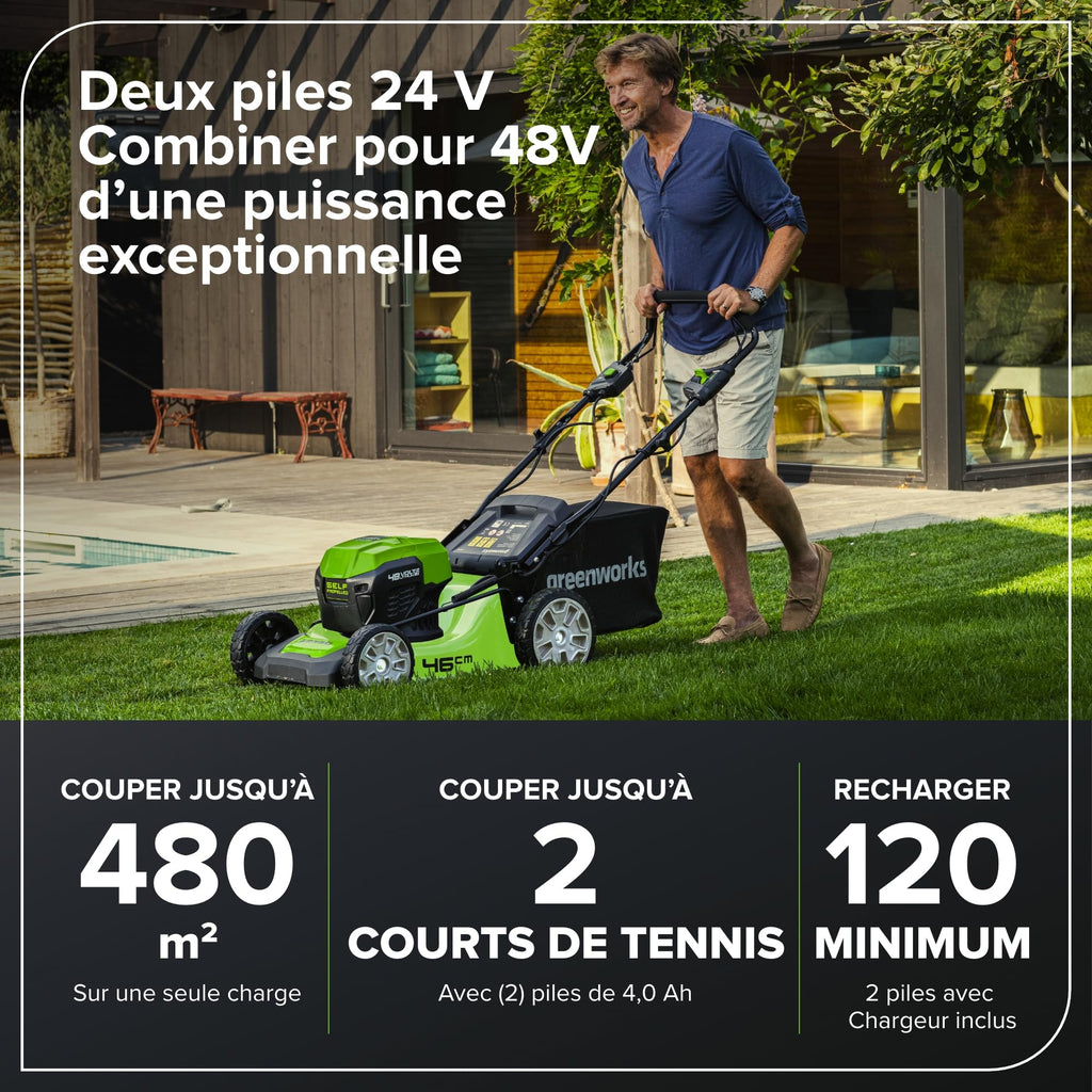 Tondeuse à gazon sans fil GD24X2LM46SPK4X 48 V autotractée 46 cm sac 55 L 2 batteries 24 V 4 Ah chargeur double