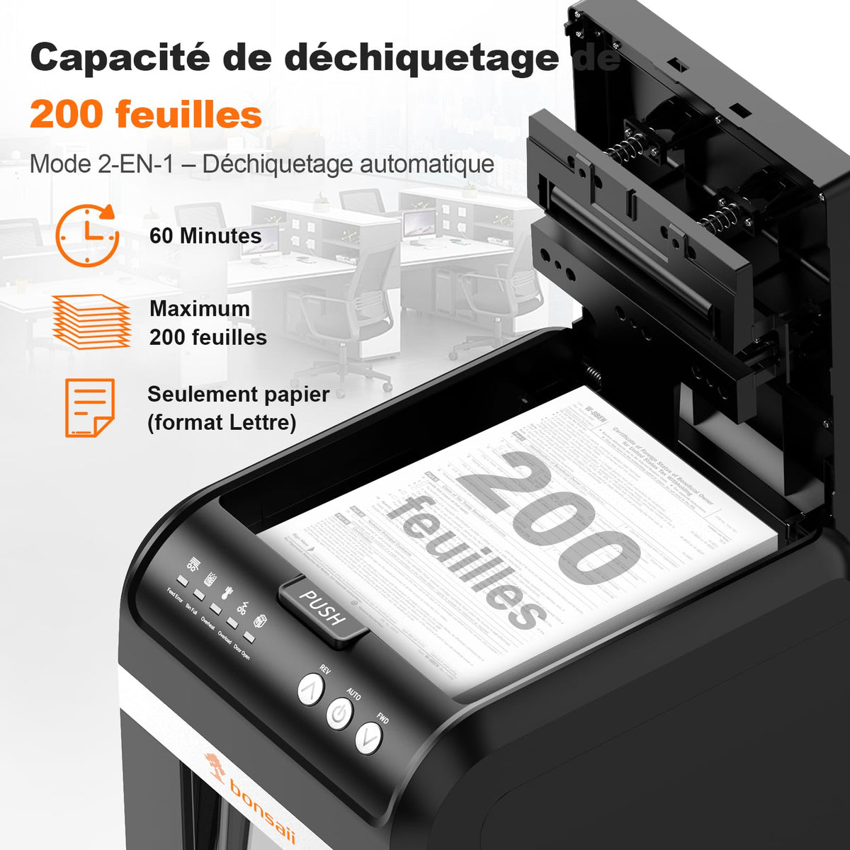 Destructeur de Documents 200 Feuilles Auto-Feed Micro-Coupe P-4 4×12 mm Bac 31 L Fonctionnement 60 Minutes