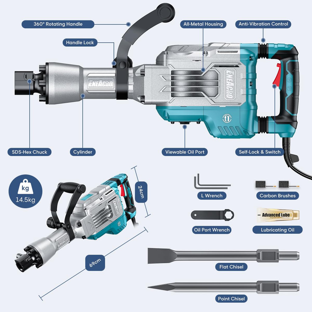 Marteau de Démolition Z1G-DS-107HC 1700 W 230 V 65 J SDS-Hex Poignée 360° Anti-Vibration 2 Burins Boîte à Roulettes
