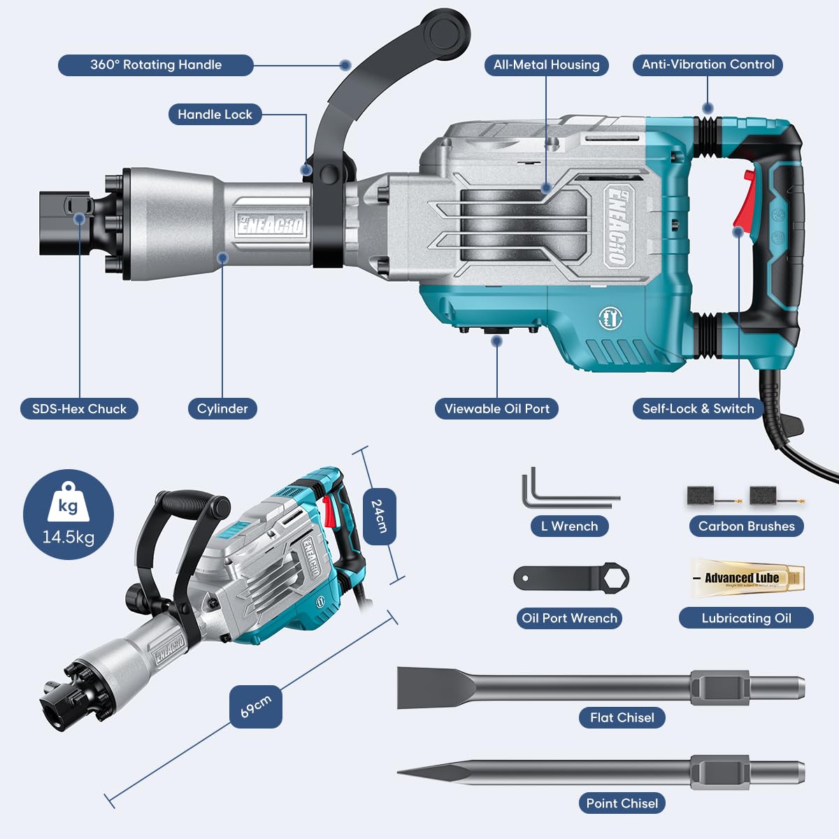 Marteau de Démolition Z1G-DS-107HC 1700 W 230 V 65 J SDS-Hex Poignée 360° Anti-Vibration 2 Burins Boîte à Roulettes