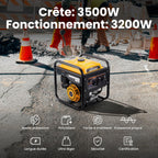 Groupe Électrogène Inverter Portable 3500 W Essence 4 Temps 3200 W 230 V 50 Hz Moteur 223 cm³ Réservoir 7,5 L
