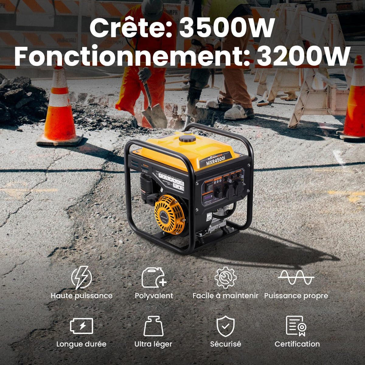 Groupe Électrogène Inverter Portable 3500 W Essence 4 Temps 3200 W 230 V 50 Hz Moteur 223 cm³ Réservoir 7,5 L