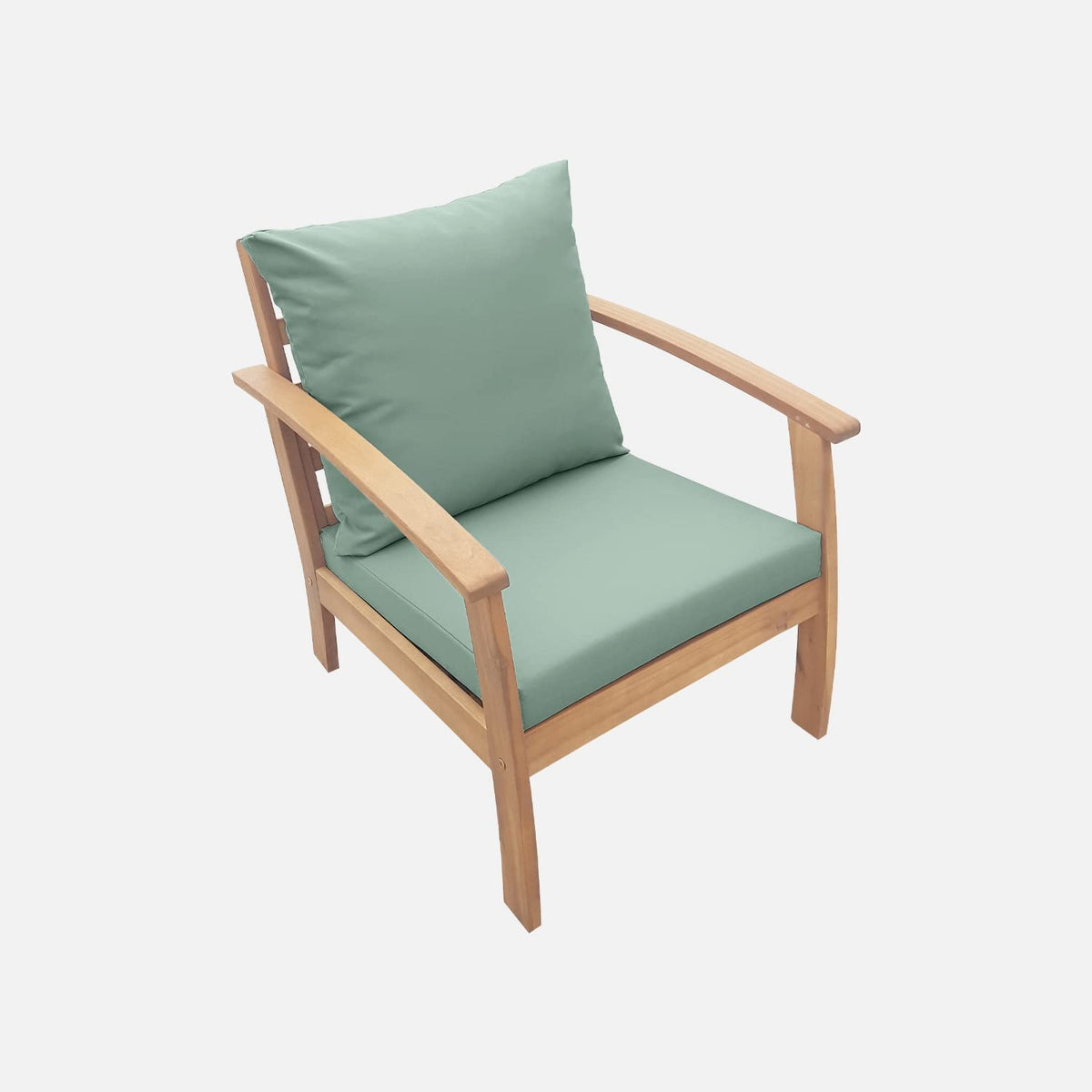 Salon de jardin 4 places en acacia canapé fauteuils table basse coussins vert de gris 123 x 82 x 74 cm