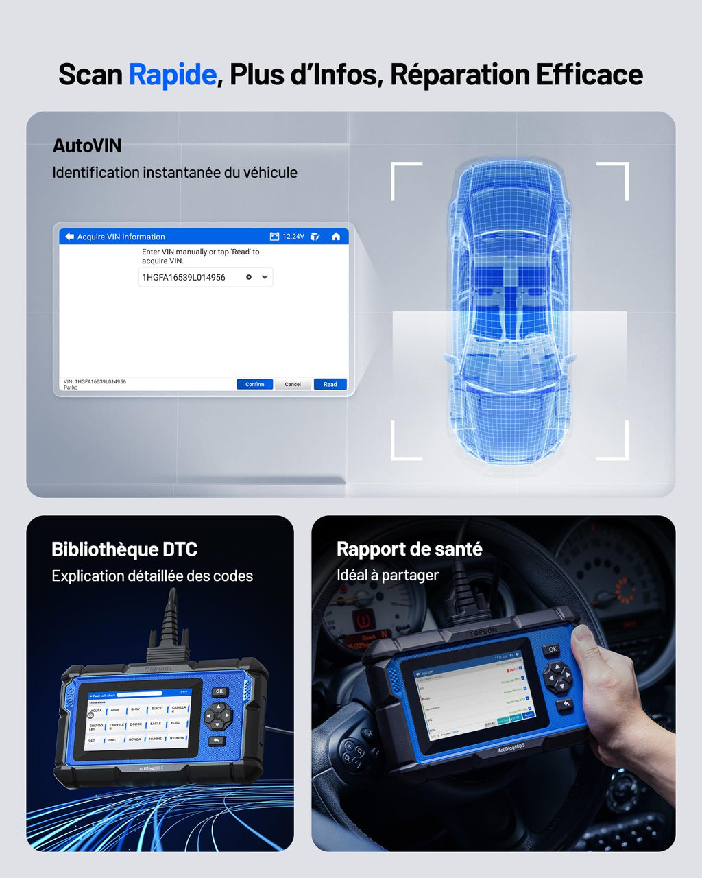 Valise diagnostic automobile OBD2 AD600S 4 systèmes écran 5 pouces Android 11 9 réinitialisations huile frein SAS BMS ABS DPF TPMS