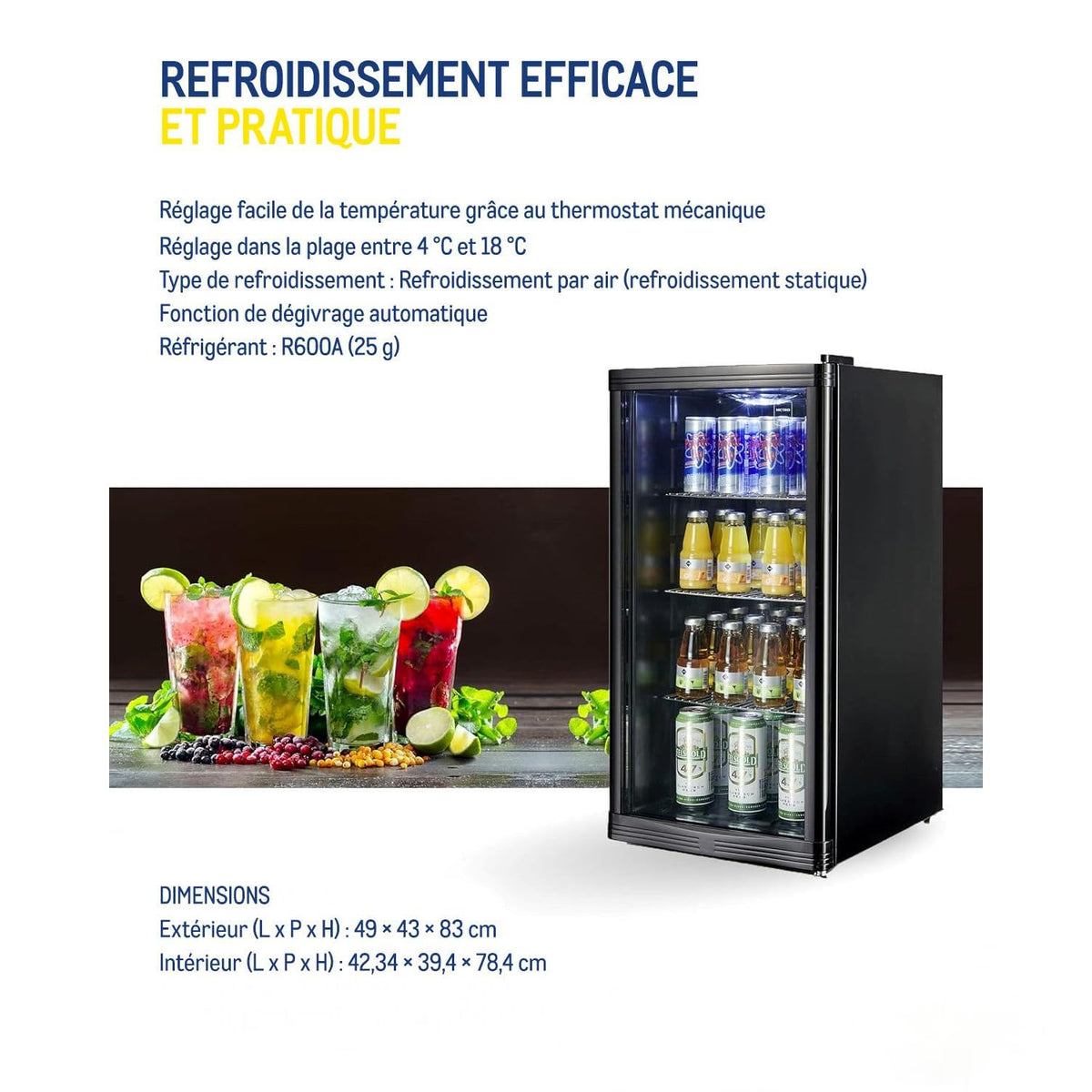 Réfrigérateur à boissons GPC1088 88 L 49 x 43 x 83 cm froid statique 3 clayettes réglables porte vitrée noire
