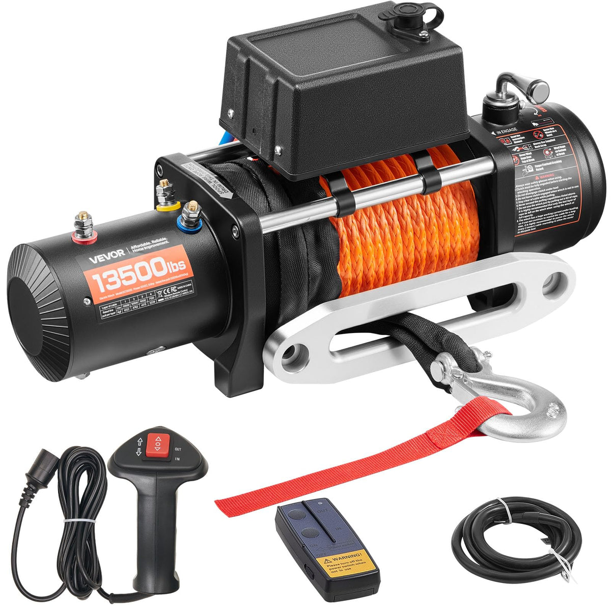 Treuil Électrique 12 V CC SC13000 6123 kg 13500 lb Corde Synthétique 9,5 mm x 24 m Télécommande Filaire et Sans Fil