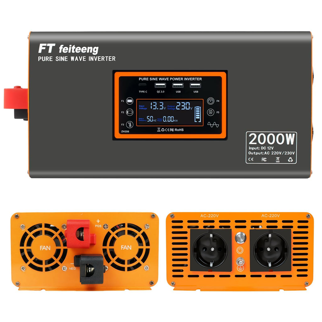 Convertisseur 12V 220V 2000W 4000W onduleur pur sinus 220V CA 2 prises USB écran LCD télécommande 50 Hz