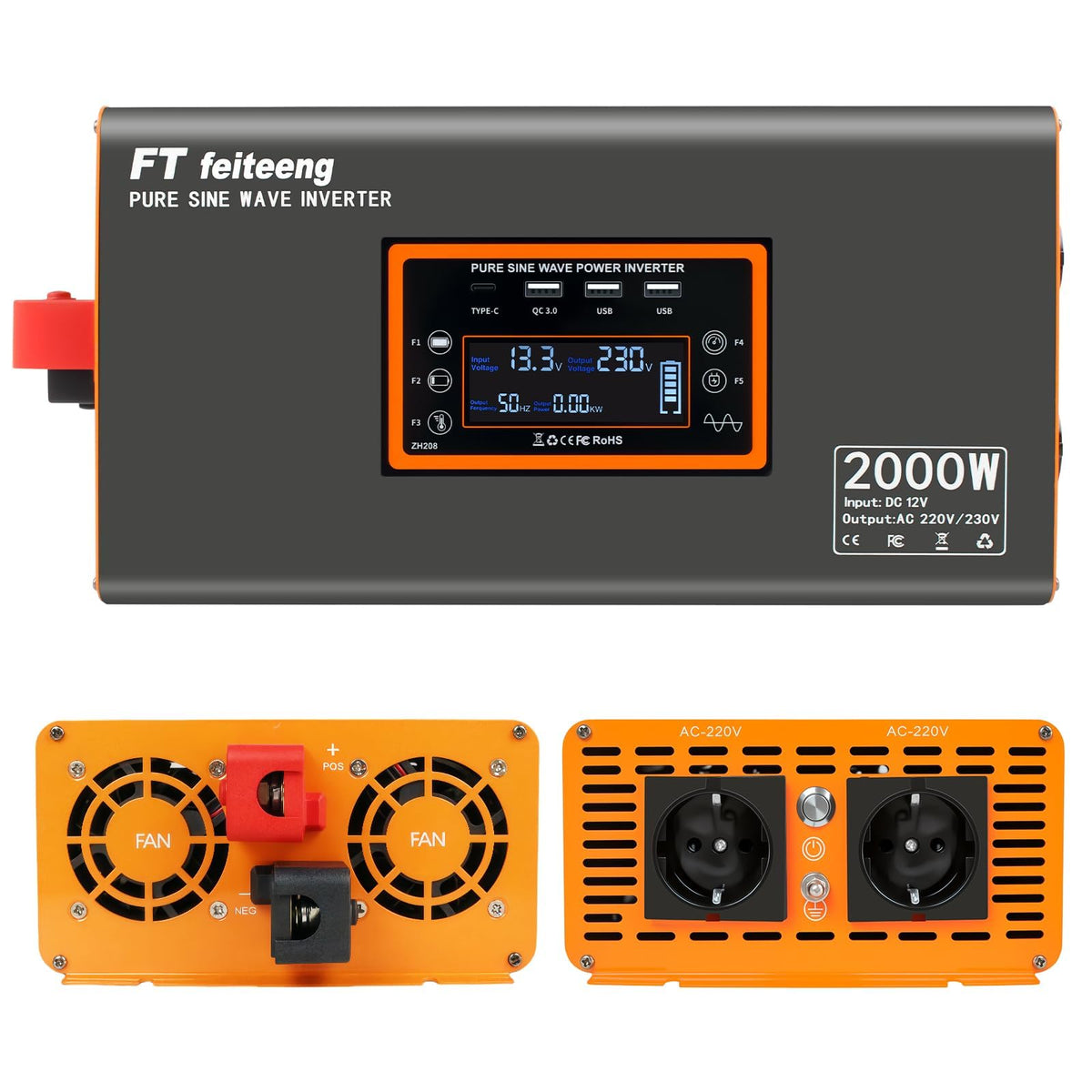Convertisseur 12V 220V 2000W 4000W onduleur pur sinus 220V CA 2 prises USB écran LCD télécommande 50 Hz