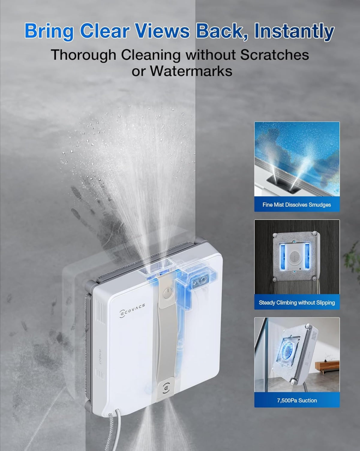 Robot lave-vitres WINBOT MINI Grey 350 ml avec pulvérisation ultrasonique contrôle par application et batterie lithium-ion
