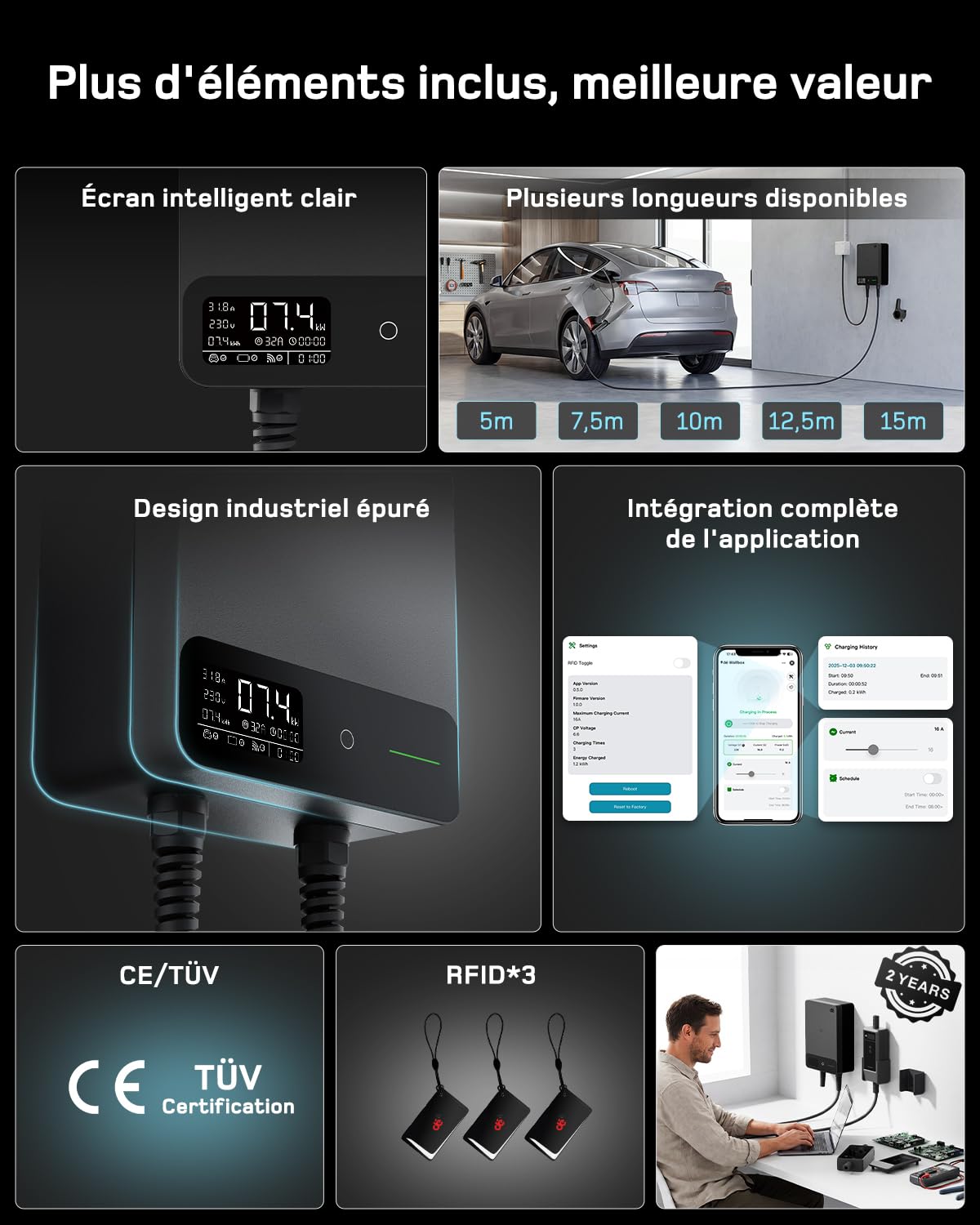 Borne de Recharge pour Véhicule Électrique 7,4 kW 32 A Type 2 Monophasé 230 V Câble 7,5 m APP RFID
