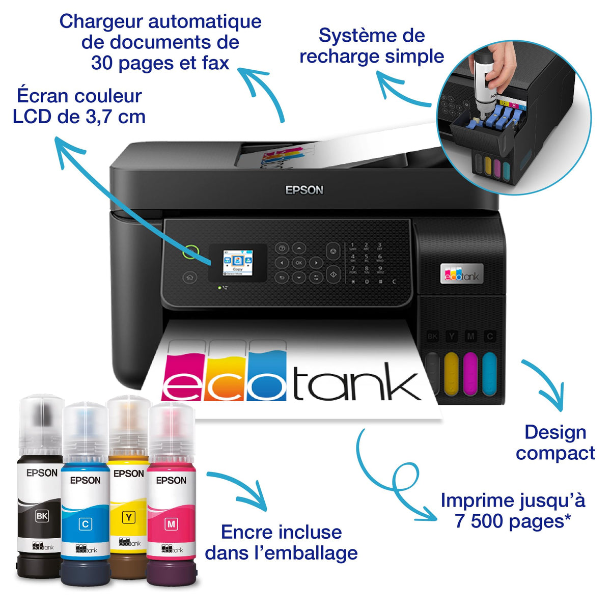 Imprimante multifonction A4 Wi-Fi EcoTank ET-4800 1600 W avec réservoirs d’encre écran LCD chargeur automatique et fax