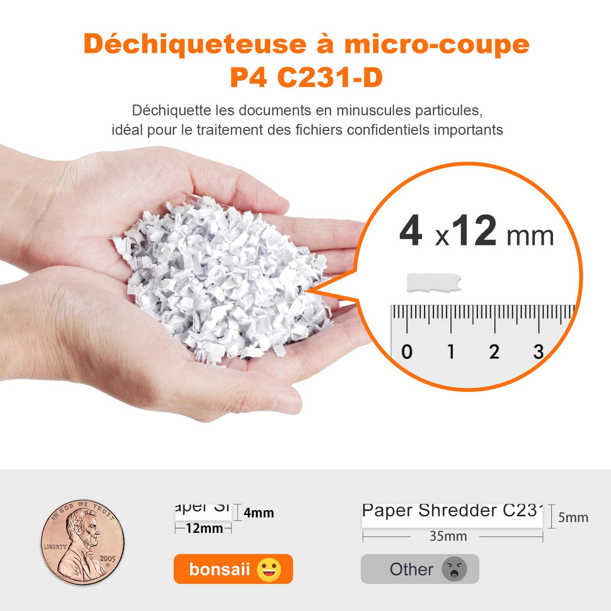Destructeur de documents auto-alimenté C231-D micro-coupe P-4 100 feuilles bac 16 L 180 cm/min 60 dB