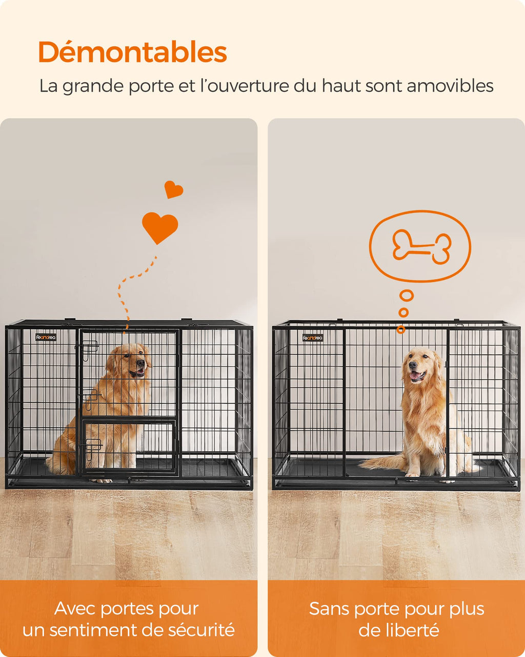 Cage pour chien XXL PPD003B01 122 x 74,5 x 80,5 cm acier allié 2 portes plateau amovible écart de 11 mm