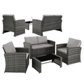 Salon de jardin en résine tressée 4 personnes avec canapé fauteuils table à plateau en verre coussins gris 404918-2