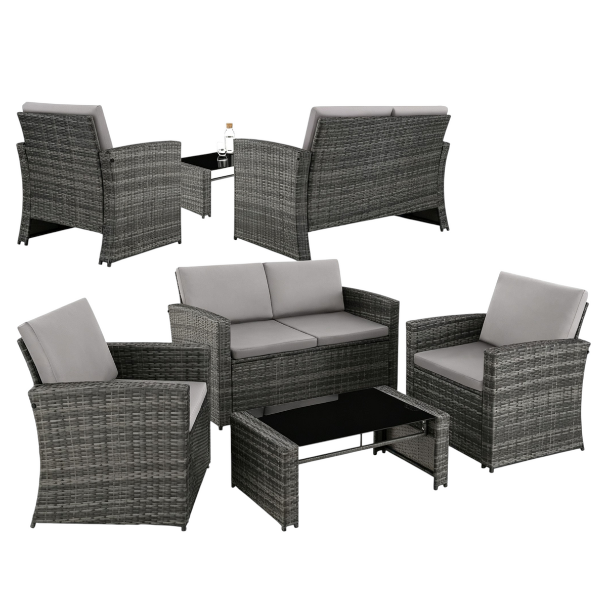 Salon de jardin en résine tressée 4 personnes avec canapé fauteuils table à plateau en verre coussins gris 404918-2
