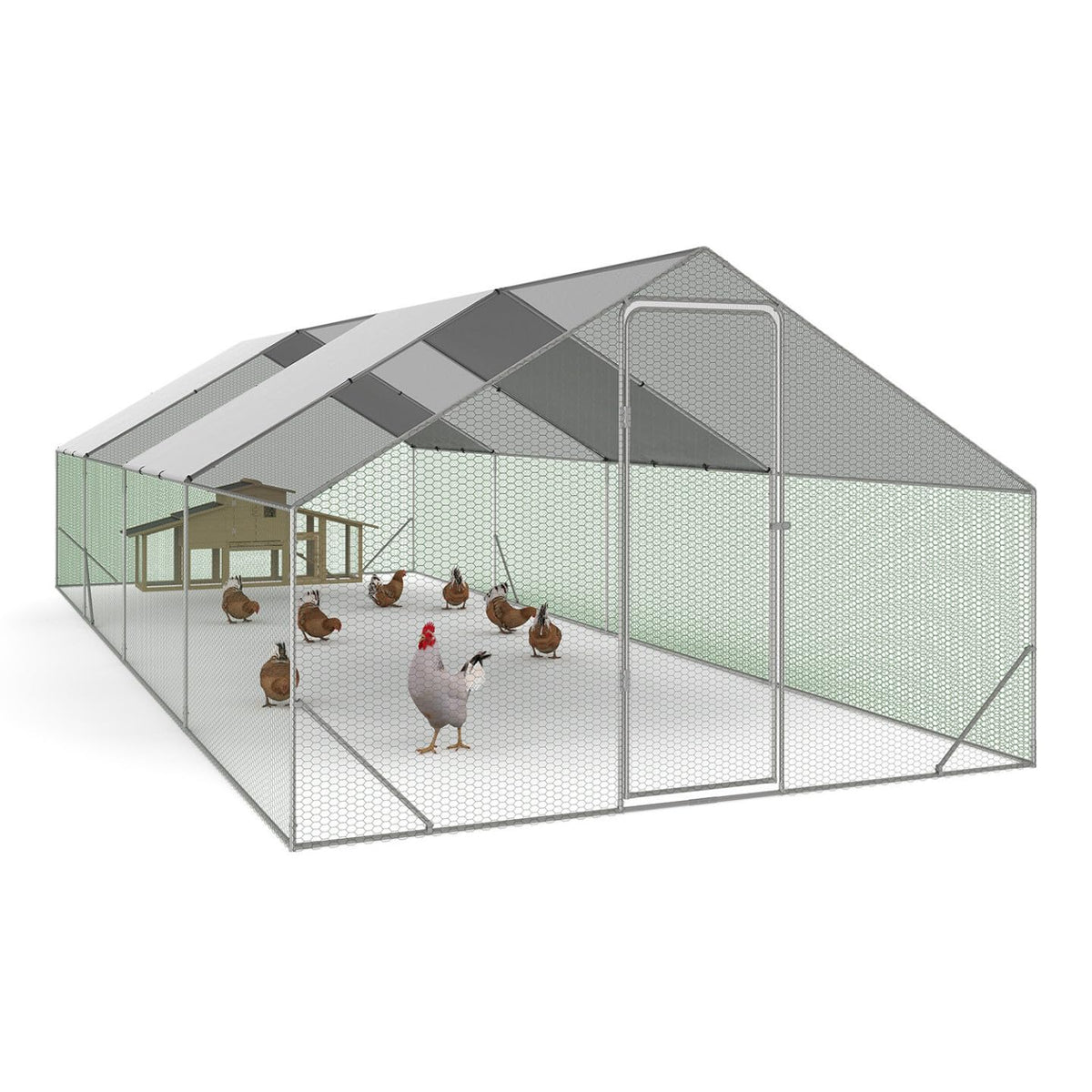 Enclos à Poules 24 m² 8 x 3 x 2 m Acier Grillage 25 mm Bâche de Toit 1 Porte à Loquet Guide de Montage