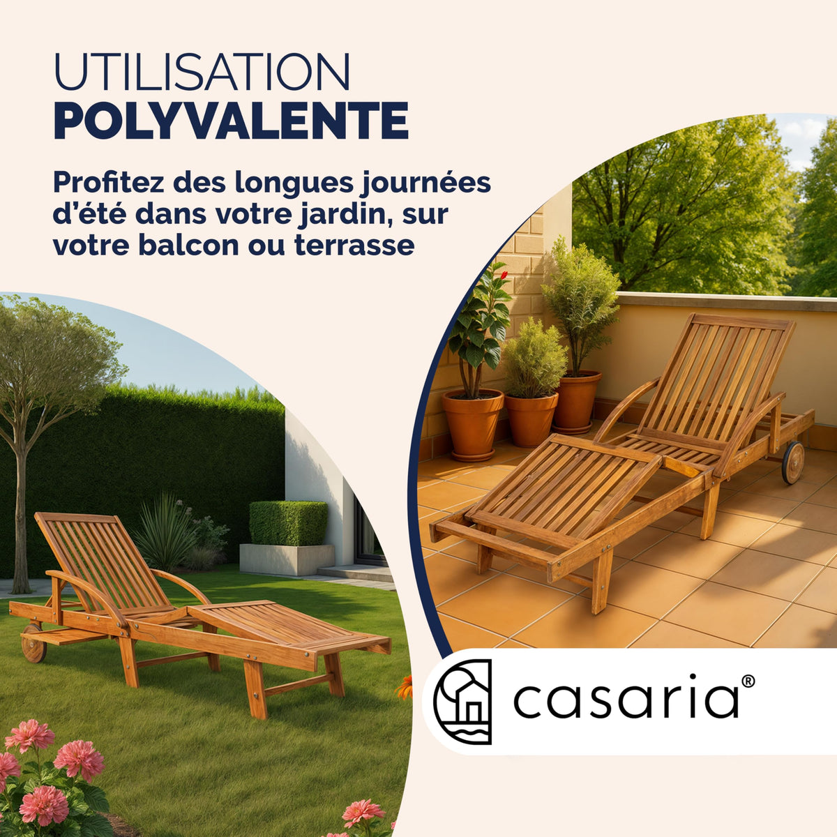 Chaise longue de jardin pliante en bois d'acacia avec roues et dossier réglable lot de 2 195 x 69 x 85 cm