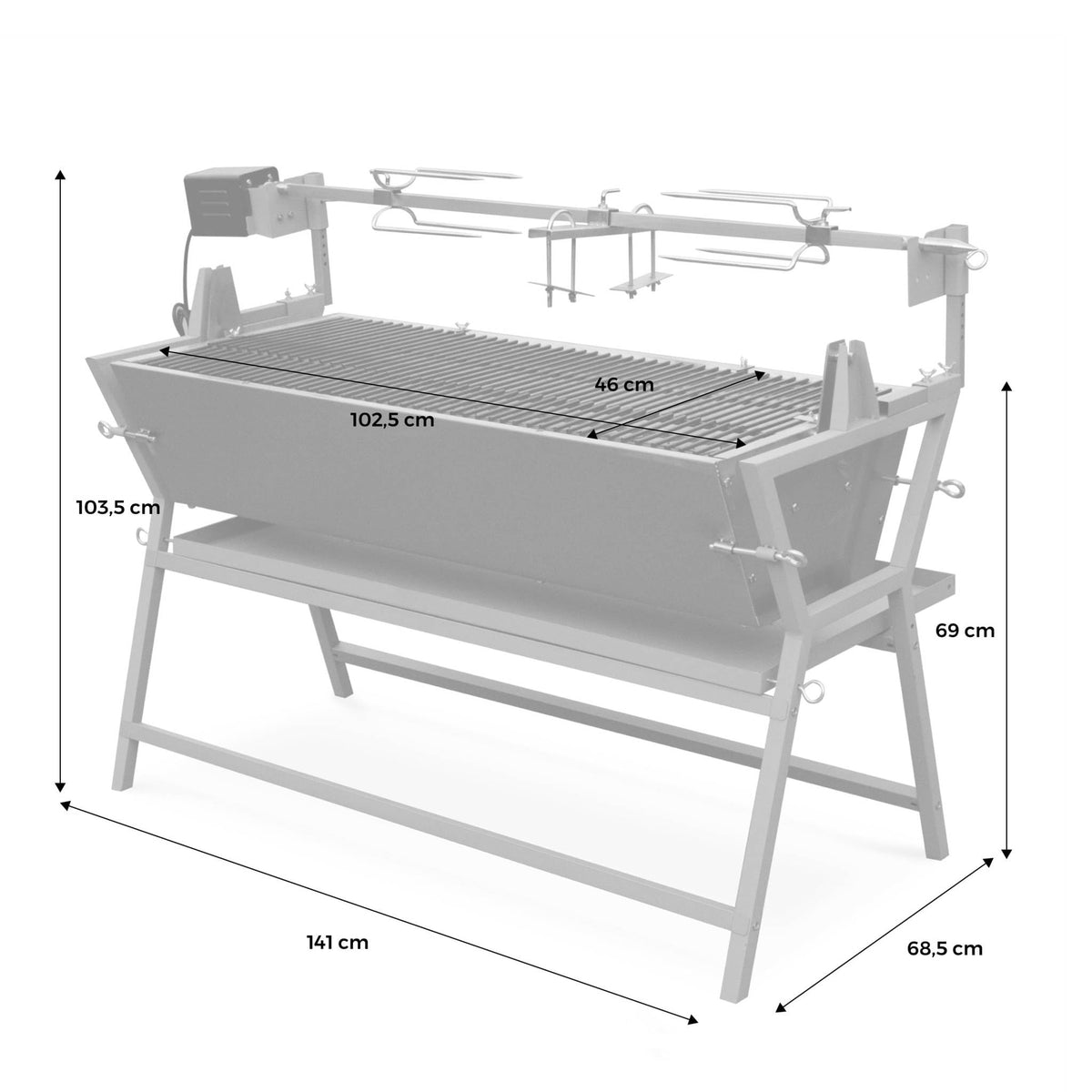 Barbecue charbon de bois avec tournebroche électrique Mathurin Inox inclinable 15 W cuve inox grille de cuisson 4715 cm²