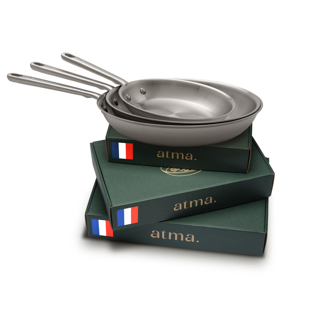 Set de 3 poêles inox 3 plis 18/10 20 26 28 cm induction tous feux four 230°C lave-vaisselle manche inox