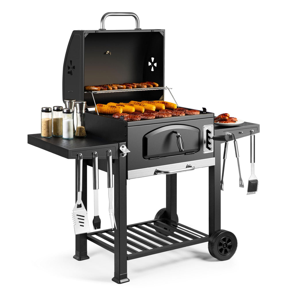 Barbecue au charbon XL avec couvercle et fumoir 2-en-1 grille en fonte 57 x 41 cm thermomètre 2 tablettes rabattables