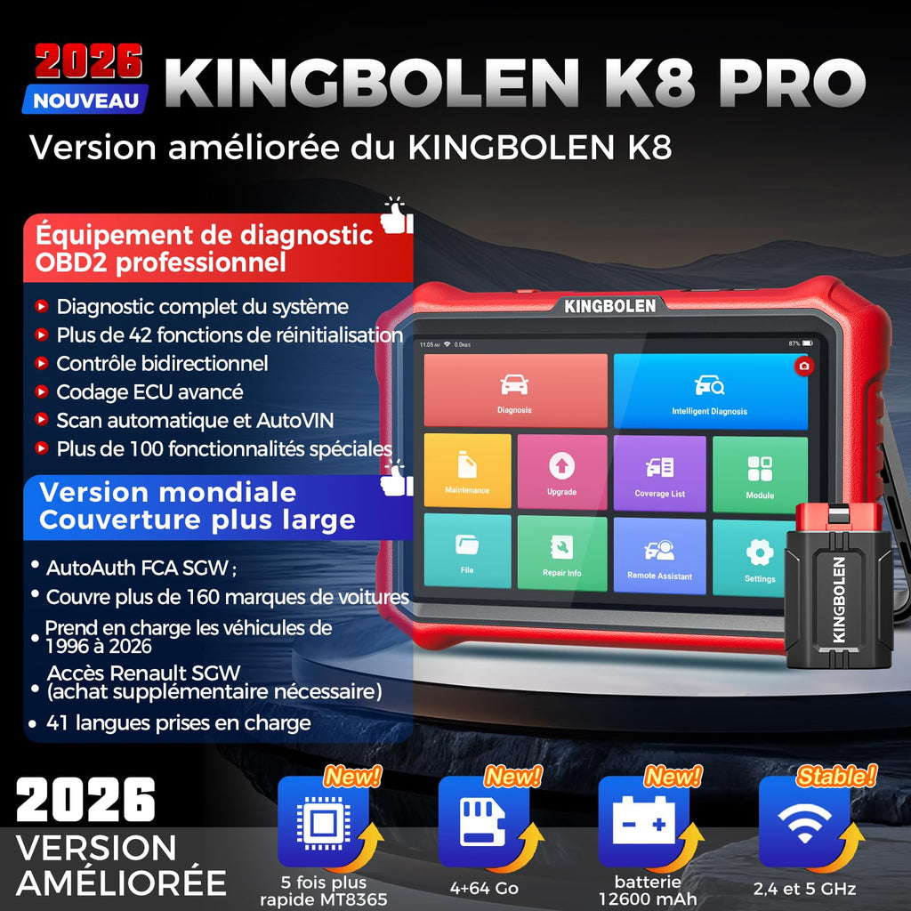 Valise Diagnostic Auto OBD2 KBLA04 Écran Tactile 8 Pouces Android 10 CAN FD DOIP Contrôle Bidirectionnel 42+ Fonctions Codage ECU