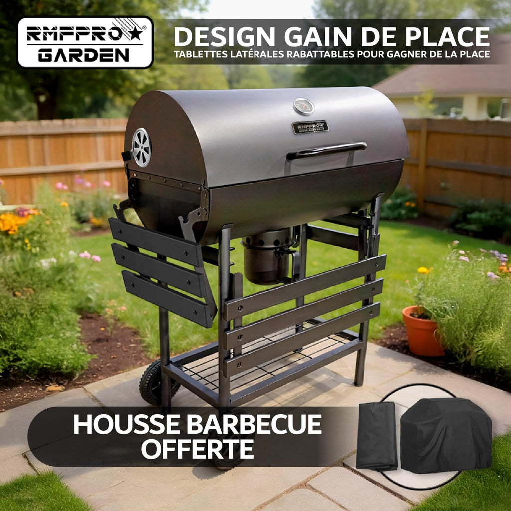 Barbecue au charbon de bois avec grille XL thermomètre intégré kit d'accessoires housse chariot en acier roues étagères pliables