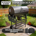 Barbecue au charbon de bois avec grille XL thermomètre intégré kit d'accessoires housse chariot en acier roues étagères pliables