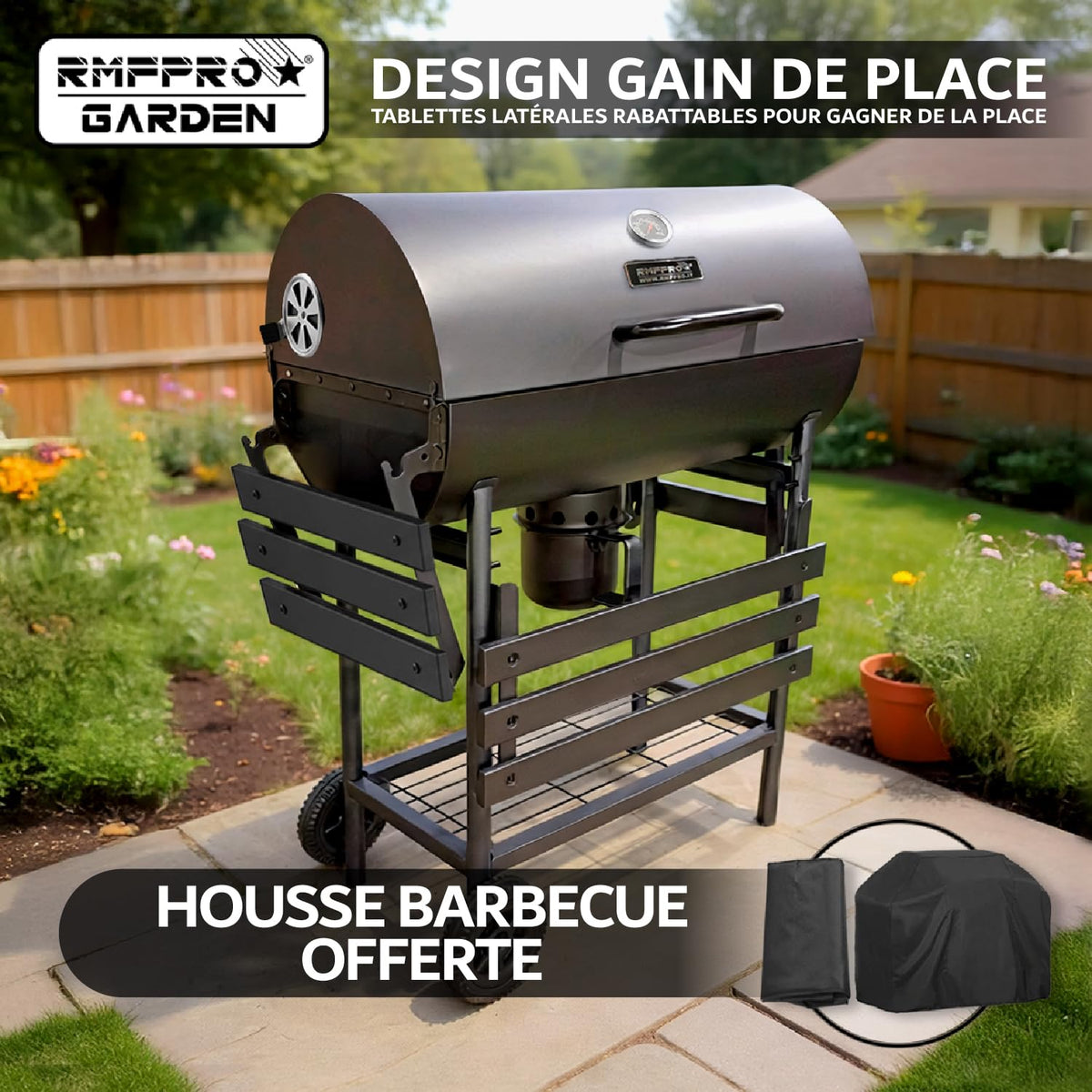 Barbecue au charbon de bois avec grille XL thermomètre intégré kit d'accessoires housse chariot en acier roues étagères pliables