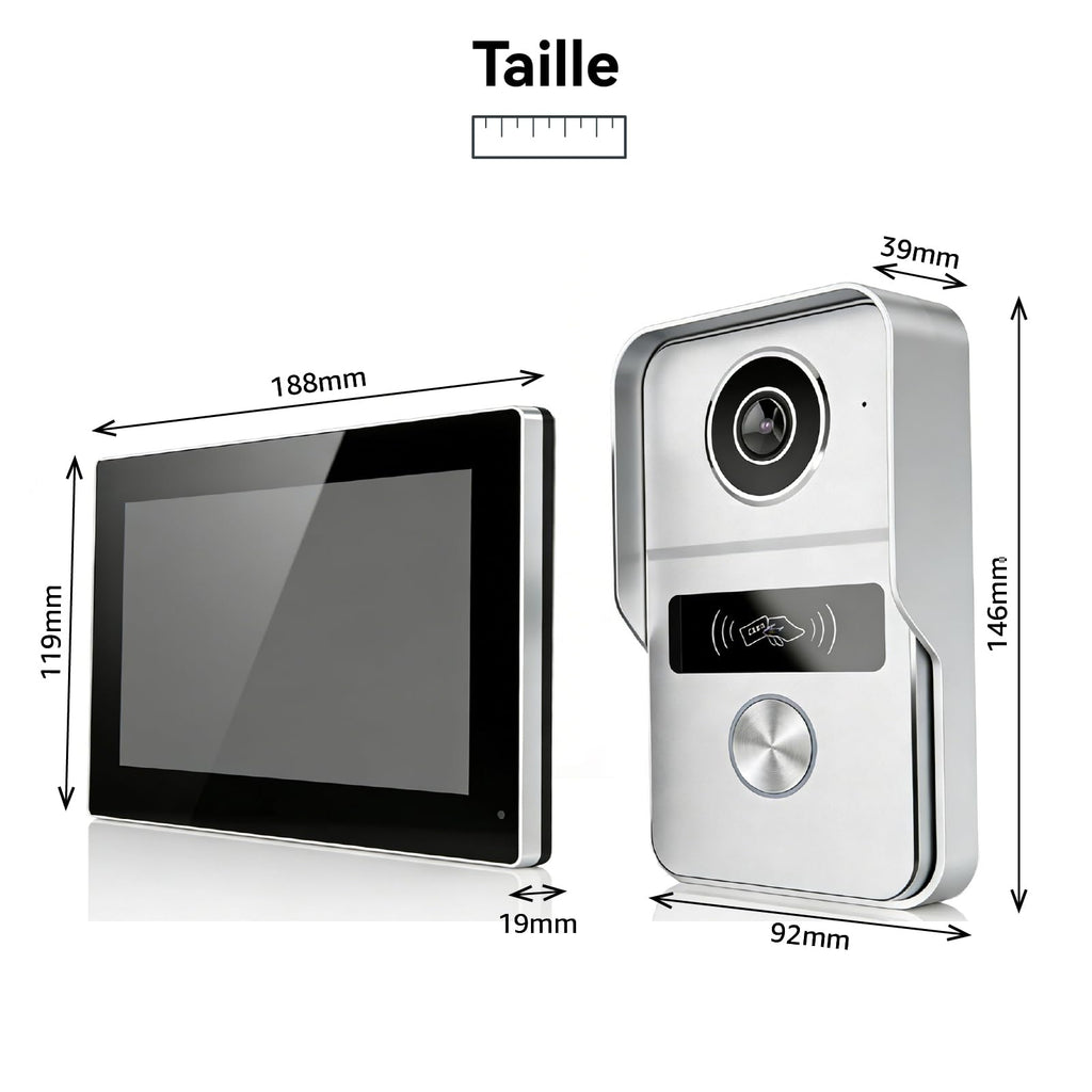 Visiophone Connecté 2 Fils 1080p Écran Tactile 7 Pouces Caméra 140° Vision Nocturne Wi-Fi Déverrouillage RFID 5 Badges