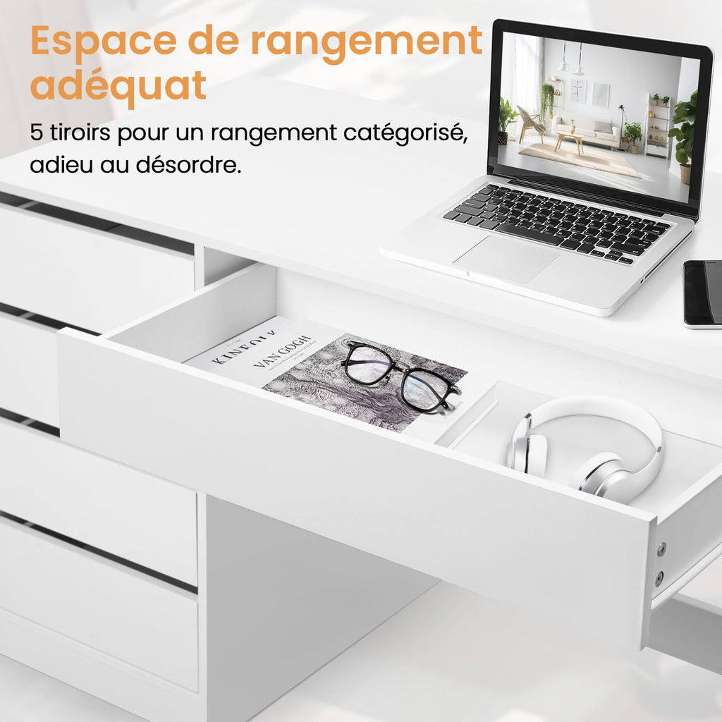 Bureau d'Ordinateur avec Rangement SCD0229 120 x 55 x 75 cm 5 Tiroirs MDF Charge 50 kg Plateau 120 cm Blanc