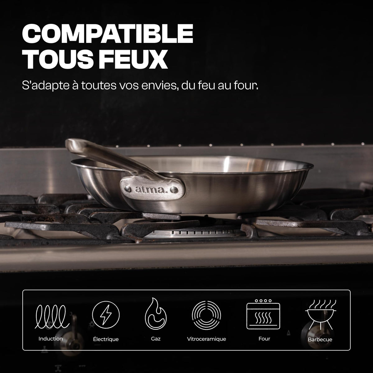 Set de 3 poêles inox 3 plis 18/10 20 26 28 cm induction tous feux four 230°C lave-vaisselle manche inox