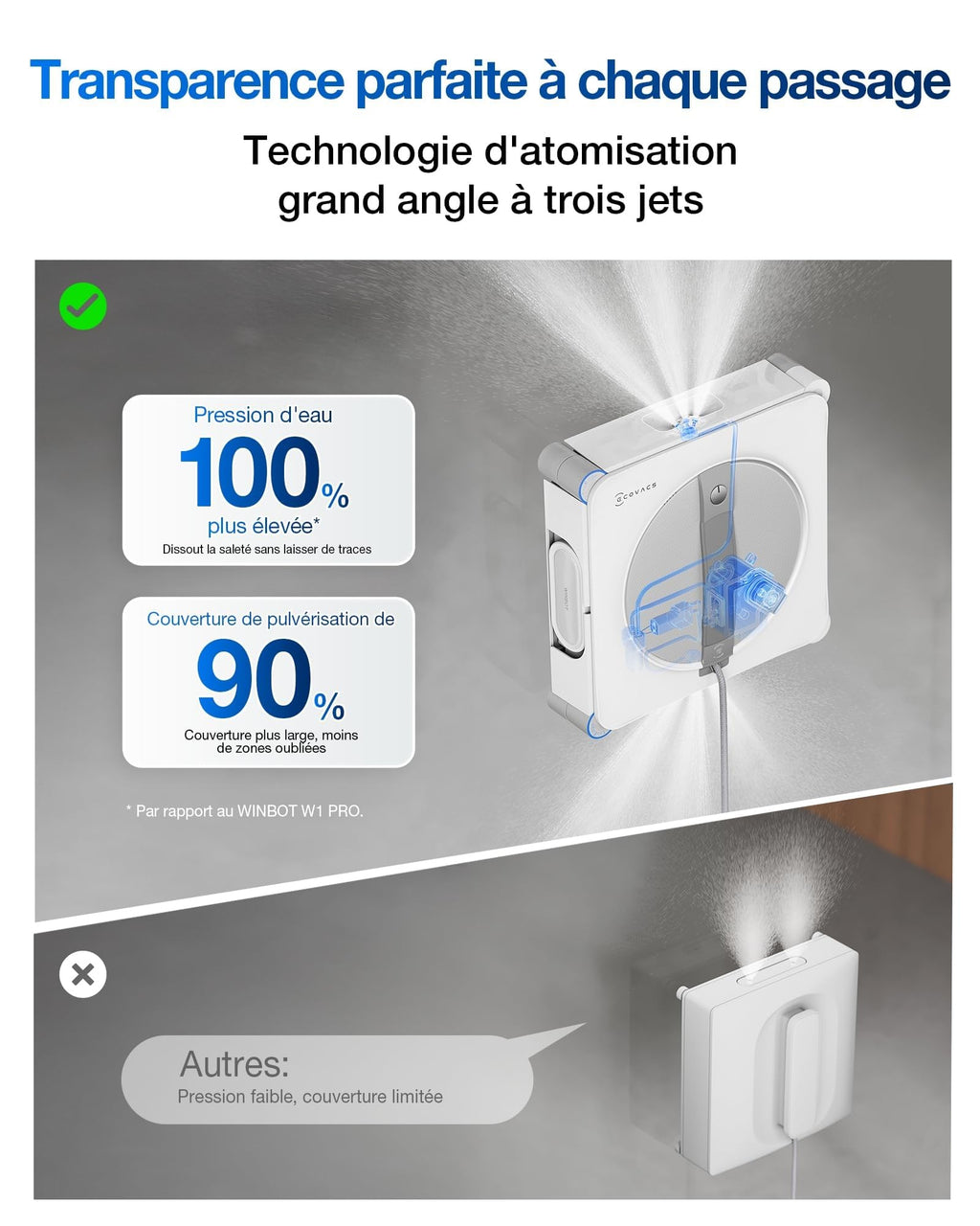 Robot nettoyeur de vitres W2S OMNI avec station 110 min batterie lithium-ion pulvérisation 3 jets contrôle par application