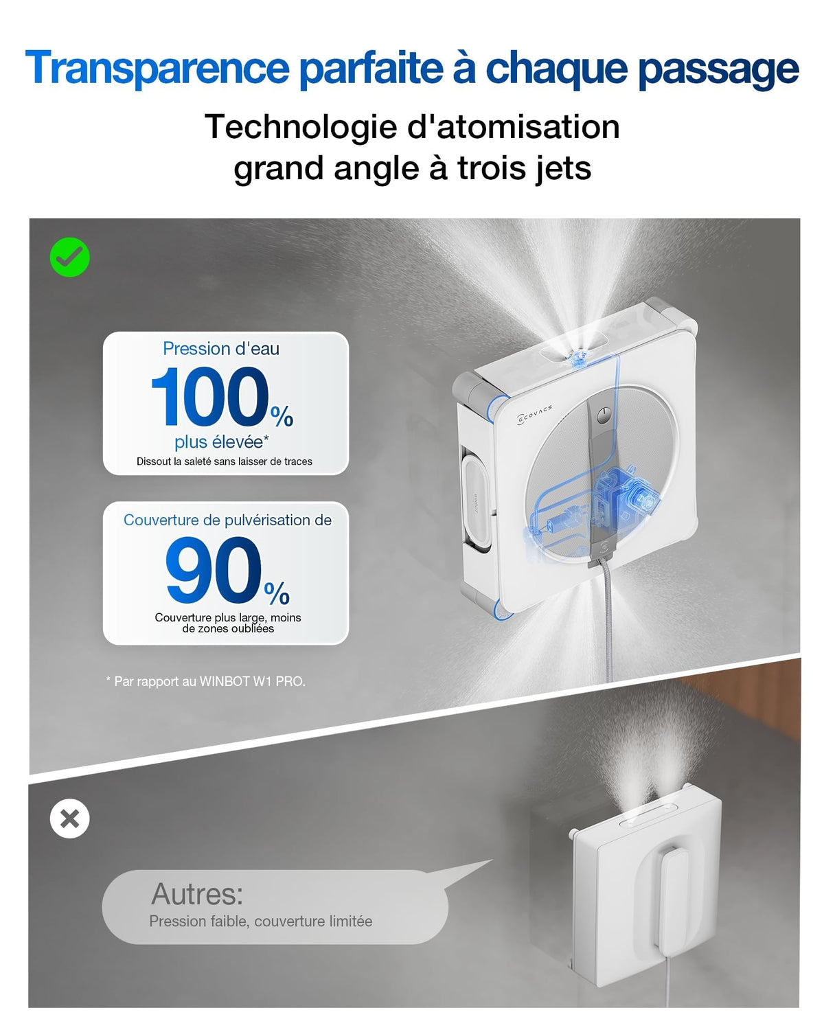 Robot nettoyeur de vitres W2S OMNI avec station 110 min batterie lithium-ion pulvérisation 3 jets contrôle par application