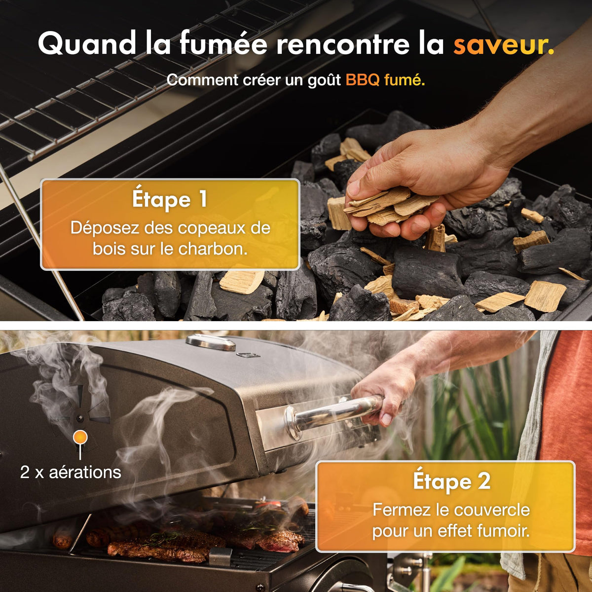 Barbecue au charbon XL avec couvercle et fumoir 2-en-1 grille en fonte 57 x 41 cm thermomètre 2 tablettes rabattables
