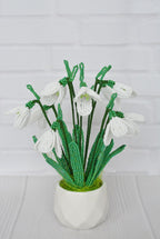 Jardinière en céramique avec perce-neige en perles, décoration printanière, 11 fleurs et 13 feuilles, 17,5 cm