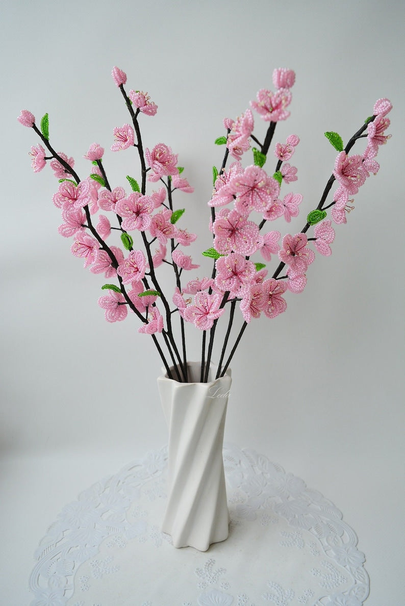 Branche de fleurs de cerisier perlées rose, 40 cm, fleurs artificielles