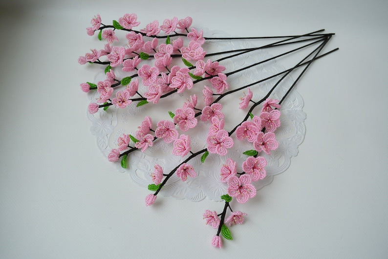 Branche de fleurs de cerisier perlées rose, 40 cm, fleurs artificielles