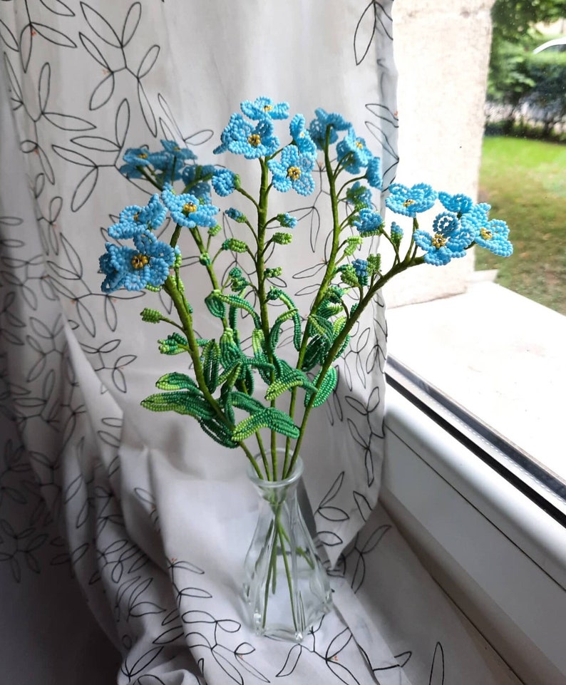 Branche de myosotis en perles françaises, décoration florale 35 cm