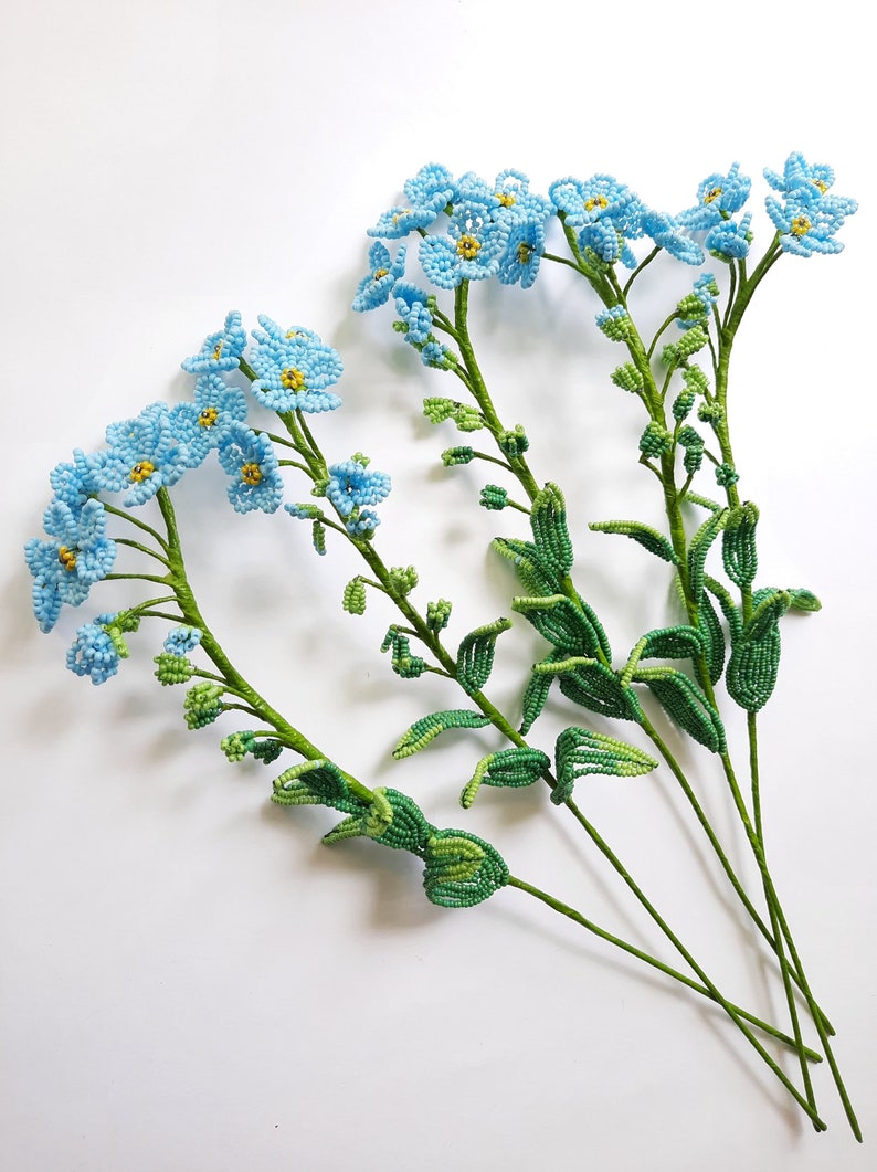 Branche de myosotis en perles françaises, décoration florale 35 cm