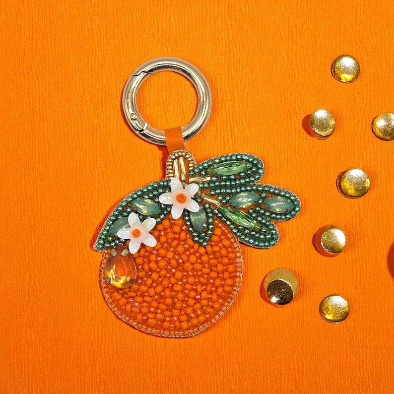 Porte-clés orange en perles de verre pour sac, breloques, 9 cm x 7 cm
